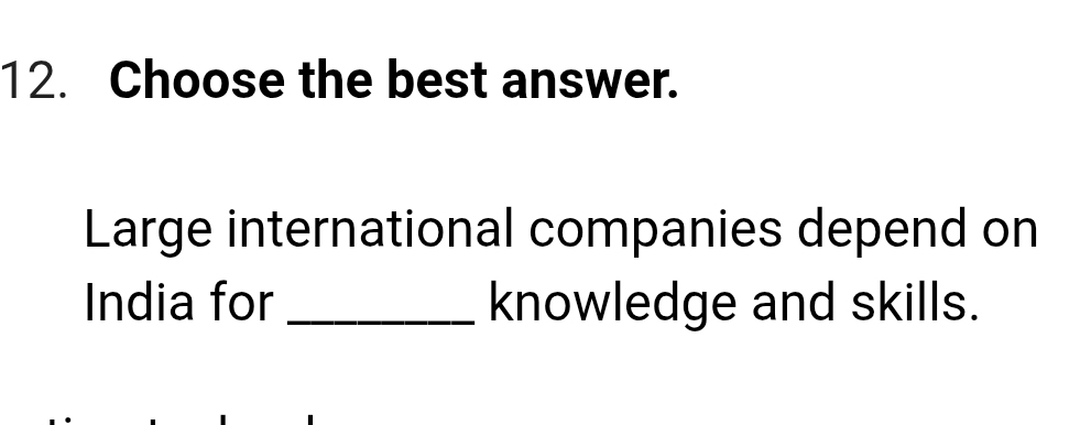 Choose the best answer. 
Large international companies depend on 
India for _knowledge and skills.