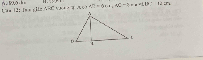 A. 89,6 dm B. 89,6 m AB=6cm; AC=8cm và BC=10cm. 
Câu 12: Tam giác ABC vuông tại A có