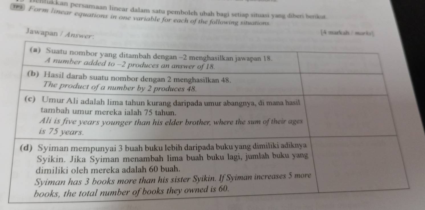 pentukkan persamaan linear dalam satu pemboleh ubah bagi setiap situasi yang diberi berikur. 
1P Form linear equations in one variable for each of the following situations. 
Jawapan / Answer 
[4 markab / mar la"]