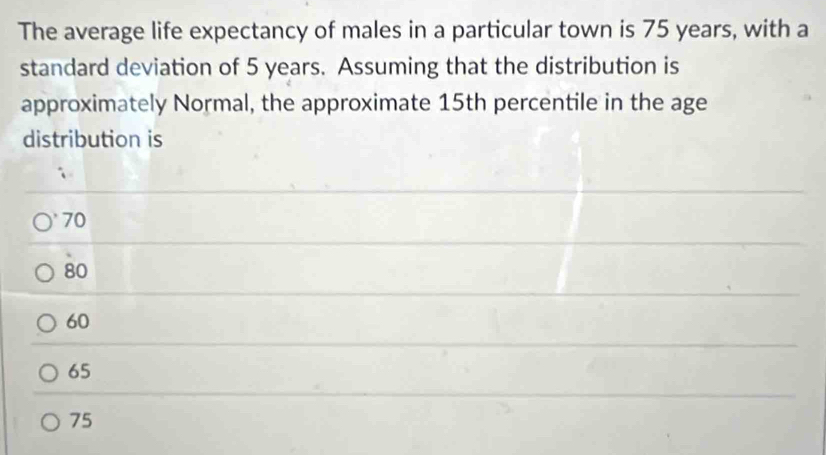 The average life expectancy of males in a particular town is 75 years, with a
standard deviation of 5 years. Assuming that the distribution is
approximately Normal, the approximate 15th percentile in the age
distribution is
70
80
60
65
75