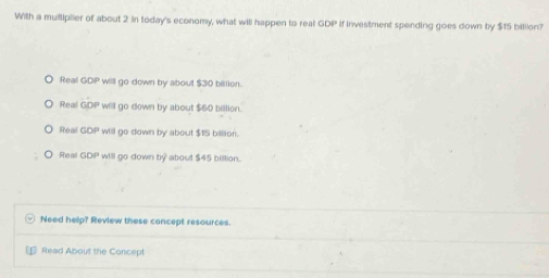 With a multiplier of about 2 in today's economy, what will happen to real GDP if investment spending goes down by $15 billion?
Real GDP will go down by about $30 billion.
Real GDP will go down by about $60 billion.
Reall GDP will go down by about $15 billlion.
Real GDP will go down by about $45 billion.
Need help? Review these concept resources.
Read About the Concept