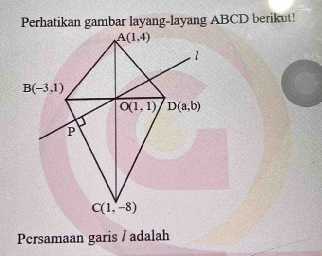 Perhatikan gambar layang-layang ABCD berikut!
Persamaan garis / adalah