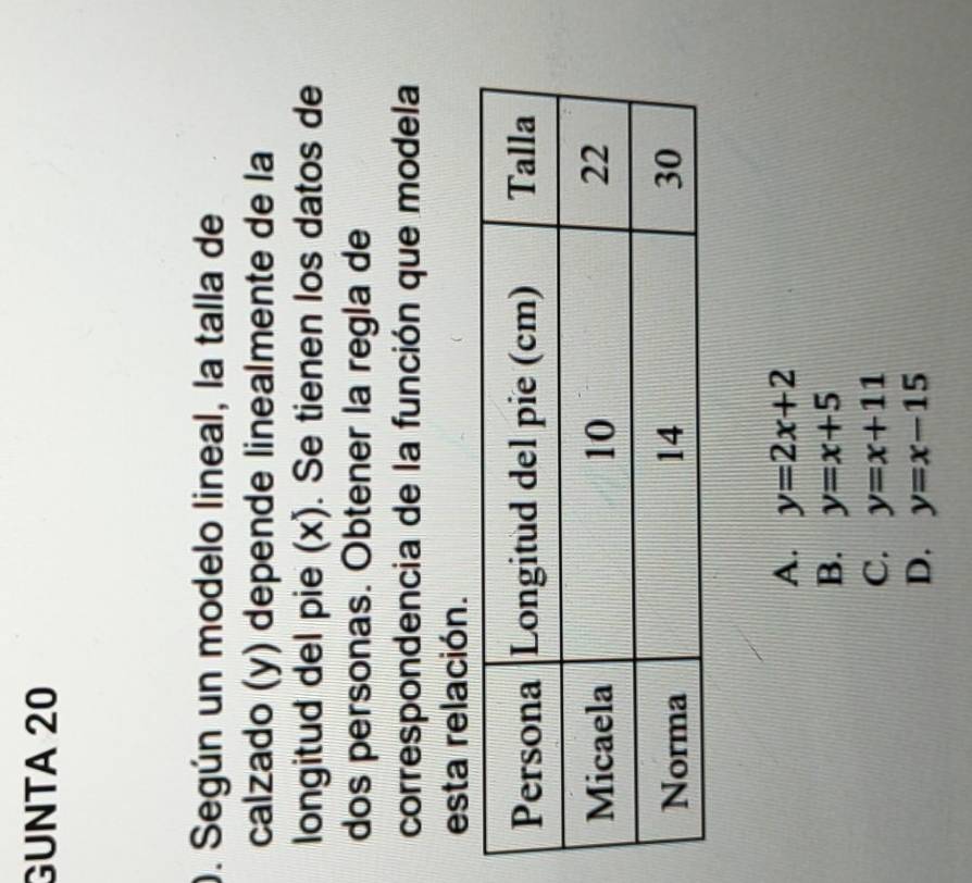 GUNTA 20
). Según un modelo lineal, la talla de
calzado (y) depende linealmente de la
longitud del pie (x). Se tienen los datos de
dos personas. Obtener la regla de
correspondencia de la función que modela
esta relación.
A. y=2x+2
B. y=x+5
C. y=x+11
D. y=x-15