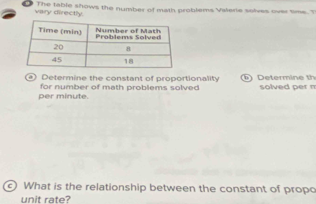 The table shows the number of math problems Valerie solves over time. T 
vary directly. 
a) Determine the constant of proportionality Determine th 
for number of math problems solved solved per n
per minute. 
c) What is the relationship between the constant of propo 
unit rate?