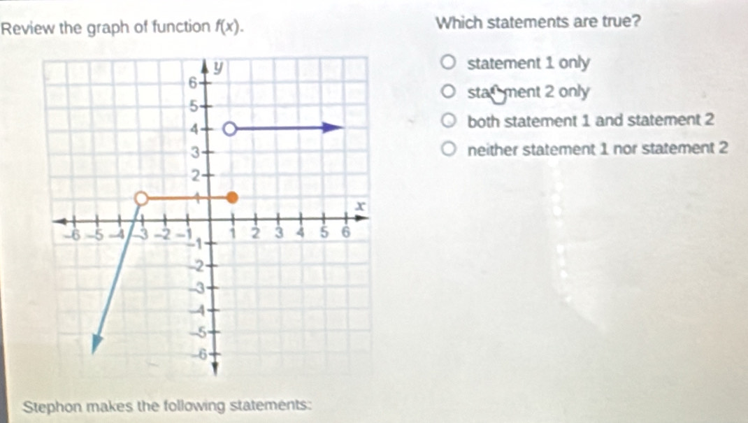 Review the graph of function f(x). Which statements are true?
statement 1 only
stanment 2 only
both statement 1 and statement 2
neither statement 1 nor statement 2
Stephon makes the following statements: