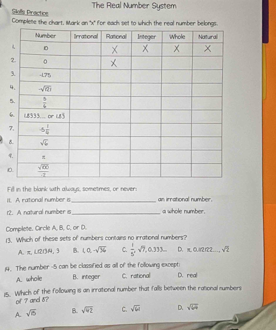 The Real Number System
Skills Practice
Complete the chart, Mark an '''x'' for each set to which the real number belongs.
1
Fill in the blank with always, sometimes, or never:
11. A rational number is_ an irrational number.
12. A natural number is_ a whole number.
Complete. Circle A, B, C, or D.
13. Which of these sets of numbers contains no irrational numbers?
A. π, 1.121314, 3 B. I,0,-sqrt(36) C.  1/5 ,sqrt(7),0.333·s D. π .0 112122..., sqrt(2)
14. The number -5 can be classified as all of the following except:
A. whole B. integer C. rational D. real
15. Which of the following is an irrational number that falls between the rational numbers
of 7 and 8?
A. sqrt(15)
B. sqrt(42) C. sqrt(61) D. sqrt(64)