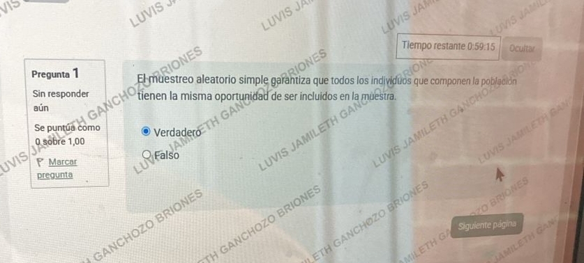 Vis 
LUVISJ 
LUVIS JA 
NES LUVIS JAM 
Tiempo restante 0:59:15 Ocultar 
NES 
Pregunta 1 El muestreo aleatorio simple garantiza que todos los individuos que componen la población 
Sin responder tienen la misma oportunidad de ser incluidos en la muestra. 
aún 
GANCHC 
GAN 
UVIS JAMILETH BAN 
Se puntúa como Verdadero 
0 sobre 1,00
UVIS Marcar Fals 
UVIS JAMILETH GANCH 
UVIS JAMILETH GAI 
pregunta 
MILETH G ZO BRIONES 
ETH GANCHØZO BRIONE 
H GANCHOZO BRIONE 
Siguiente página 
GANCHOZO BRIONE 
IAMILETH GAN