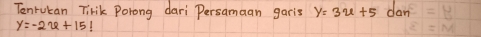 Tonrucan Tirik Porong dari Persamaan garis y=3u+5 dan
y=-2u+15!