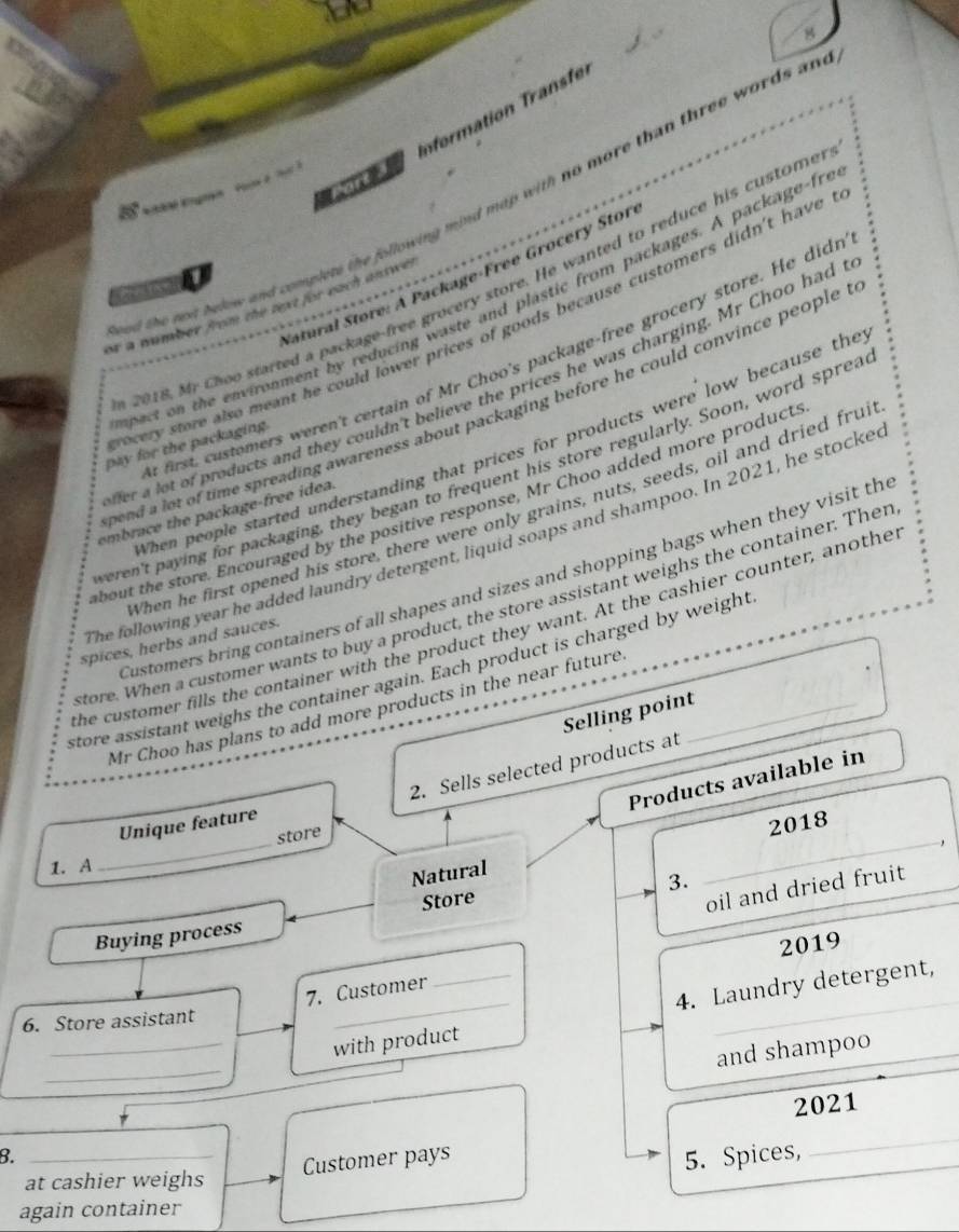 Information Transfn 
d the not below and complets the following mind map with no more than three words an 
Satural Store: A Package-Free Grocery Stor 
2018, Mr Choo started a package-free grocery store. He wanted to reduce his custome. 

apect on the environment by reducing waste and plastic from packages. A package-fr 
or a number from the rext for each antwe . 
ocery store also meant he could lower prices of goods because customers didn't have . 
frst, ustomers weren't certain of Mr Choo's package-free grocery store. He didn 
fer a lot of products and they couldn't believe the prices he was charging. Mr Choo had 
end a lot of time spreading awareness about packaging before he could convince people t 
pay for the packaging. 
When people started understanding that prices for products were low because the 
veren't paying for packaging, they began to frequent his store regularly. Soon, word sprea 
bout the store. Encouraged by the positive response, Mr Choo added more product 
When he first opened his store, there were only grains, nuts, seeds, oil and dried frui 
embrace the package-free idea. 
The following year he added laundry detergent, liquid soaps and shampoo. In 2021, he stocke 
Customers bring containers of all shapes and sizes and shopping bags when they visit th 
store. When a customer wants to buy a product, the store assistant weighs the container. Then 
the customer fills the container with the product they want. At the cashier counter, anothe 
spices, herbs and sauces. 
store assistant weighs the container again. Each product is charged by weight 
Mr Choo has plans to add more products in the near future 
Selling point 
2. Sells selected products at 
Products available in 
_ 
Unique feature 
store 
_ 
2018 
1. A 
Natural 
3. 
Buying process Store 
oil and dried fruit_ 
2019 
7. Customer 
_ 
_with product 4. Laundry detergent, 
6. Store assistant 
and shampoo 
2021 
8. _5. Spices, 
Customer pays 
_ 
at cashier weighs 
again container