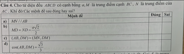 Cho tứ diện đều ABCD có cạnh bằng a, M là trung điểm cạnh BC , N là trung điểm của