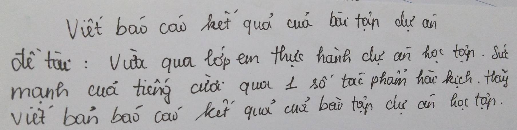 Viet bao cao ket quói cuá bòǔ tàin du an 
de`tā: Vute qua top en ths hant cue an ho tān. Sué 
manh cuà tiēng aià quó 1 SO' tao phan hou Rich. Hay 
viet ban baó cao ket quǐ cuò bāi tān clu an hoctān.