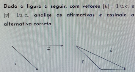 Dada a figura a seguir, com vetores |vector u|=1u.c.. e
|vector v|=1u.c. , analise as afirmativas e assinale a
alternativa correta.