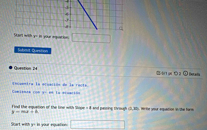 4
-5
-6
-7
-8
Start with y= in your equation: □ 
Submit Question 
Question 24 0/1 ptつ 2 ⓘ Details 
Encuentra la ecuación de la recta. 
Comienza con y= en tu ecuación 
Find the equation of the line with Slope =8 and passing through (3,30). Write your equation in the form
y=mx+b. 
Start with y=in your equation: □