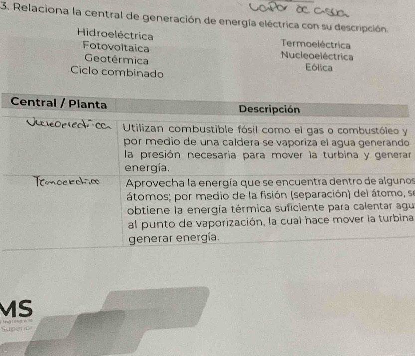 Relaciona la central de generación de energía eléctrica con su descripción
Hidro eléctrica Termoeléctrica
Fotovoltaica Nucleo eléctrica
Geotérmica Eólica
Ciclo combinado
y
o
r
os
se
u
a
MS
l Ingresa e le
Superior