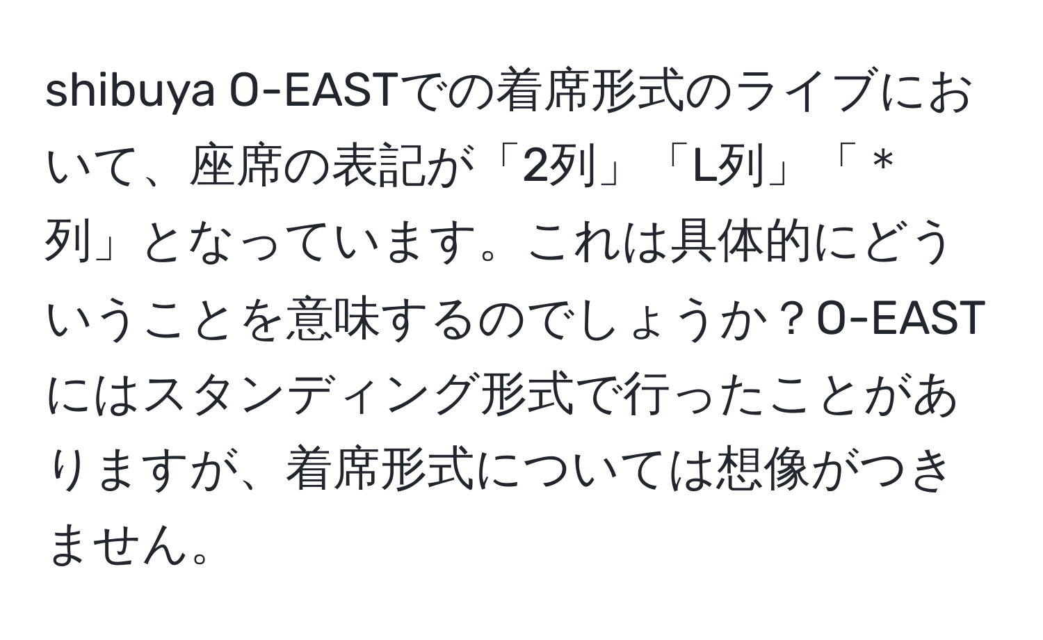 shibuya O-EASTでの着席形式のライブにおいて、座席の表記が「2列」「L列」「＊列」となっています。これは具体的にどういうことを意味するのでしょうか？O-EASTにはスタンディング形式で行ったことがありますが、着席形式については想像がつきません。