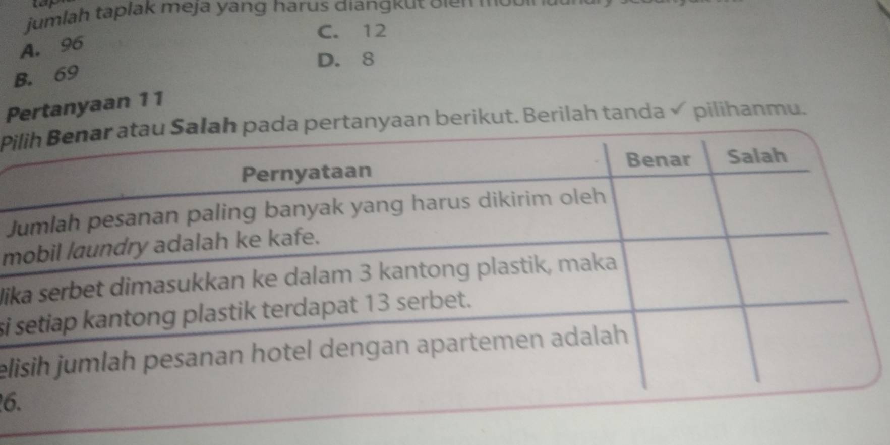 jumlah taplak meja yang harus điangkut oien m b i
C. 12
A. 96
D. 8
B. 69
Pertanyaan 11
Paan berikut. Berilah tanda √ pilihanmu.
J
m
li
si
el
6