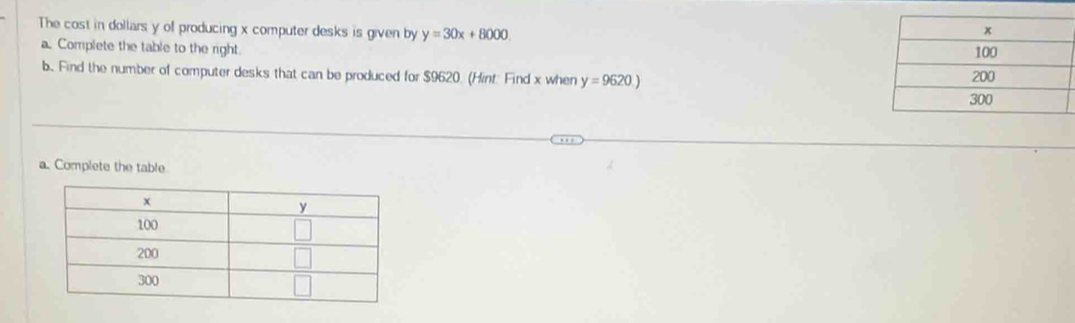 The cost in dollars y of producing x computer desks is given by y=30x+8000
Complete the table to the right. 
b. Find the number of computer desks that can be produced for $9620. (Hint: Find x when y=9620.)
a. Complete the table