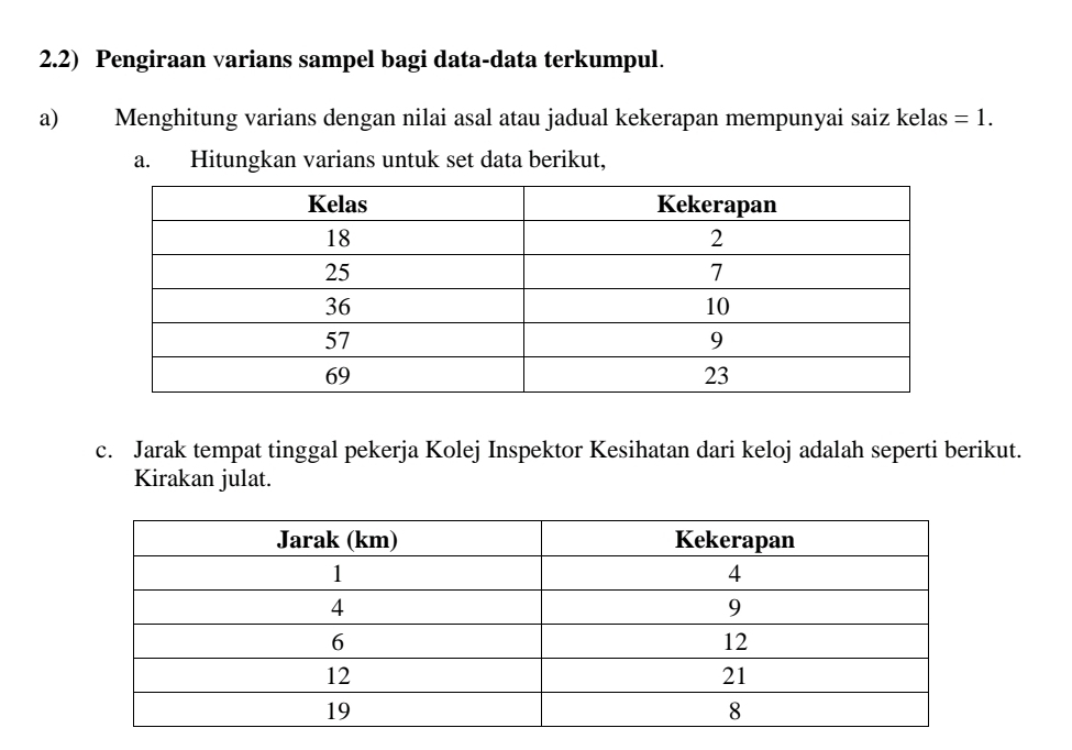 2.2) Pengiraan varians sampel bagi data-data terkumpul. 
a) Menghitung varians dengan nilai asal atau jadual kekerapan mempunyai saiz kelas =1. 
a. Hitungkan varians untuk set data berikut, 
c. Jarak tempat tinggal pekerja Kolej Inspektor Kesihatan dari keloj adalah seperti berikut. 
Kirakan julat.