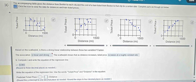 The accompanying table gives the distance from Boston to each city and the cost of a train ticket from Boston to that city for a certain date. Complete parts (a) through (e) below 
Click the icon to view the data for distances and train ticket prices 
z 
B 
B
0 -
0
0 0 1500
1500 1500
Distance (mi) Distance (mi) Distance (mi)
4
4 
、 
Based on the scatterplot, is there a strong linear relationship between these two variables? Explain 
The association is linear and strong The scatterplot shows that as distance increases, ticket price increases at a roughly constant rate 
b. Compute r and write the equation of the regression line
r=0.761
(Round to three decimal places as needed ) 
Write the equation of the regression line. Use the words ''Ticket Price'' and ''Distance' in the equation 
Predicted Ticket Price =□ +(□ ) Distance 
(Round the y-intercept to one decimal place as needed. Round the slope to four decimal places as needed )