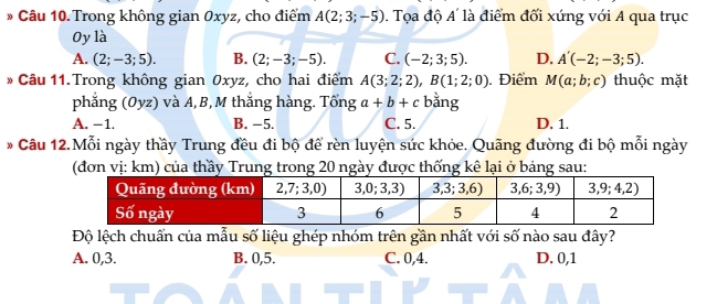 Câu 10.Trong không gian Oxyz, cho điểm A(2;3;-5). Tọa độ A là điểm đối xứng với A qua trục
Oy là
A. (2;-3;5). B. (2;-3;-5). C. (-2;3;5). D. A'(-2;-3;5). 
* Câu 11.Trong không gian 0xyz, cho hai điểm A(3;2;2), B(1;2;0) Điểm M(a;b;c) thuộc mặt
phẳng (Oyz) và A, B,M thắng hàng. Tổng a+b+c bằng
A. −1. B. −5. C. 5. D. 1.
* Câu 12.Mỗi ngày thầy Trung đều đi bộ để rèn luyện sức khỏe. Quãng đường đi bộ mỗi ngày
(đơn vị: km) của thầy Trung trong 20 ngày được thống kê lại ở bảng sau:
Độ lệch chuẩn của mẫu số liệu ghép nhóm trên gần nhất với số nào sau đây?
A. 0, 3. B. 0, 5. C. 0, 4. D. 0, 1