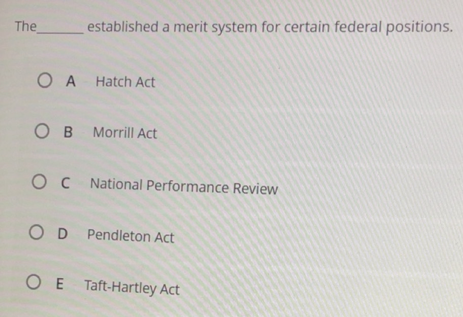 Solved: The_ established a merit system for certain federal positions ...
