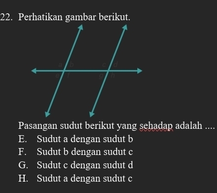 Perhatikan gambar berikut.
Pasangan sudut berikut yang sehadap adalah ....
E. Sudut a dengan sudut b
F. Sudut b dengan sudut c
G. Sudut c dengan sudut d
H. Sudut a dengan sudut c