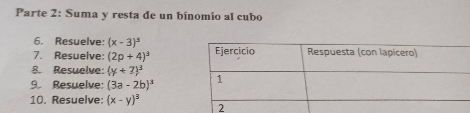 Parte 2: Suma y resta de un bînomío al cubo 
6. Resuelve: (x-3)^3
7. Resuelve: (2p+4)^3
8. Resuelve: (y+7)^3
9 Resuelve: (3a-2b)^3
10. Resuelve: (x-y)^3