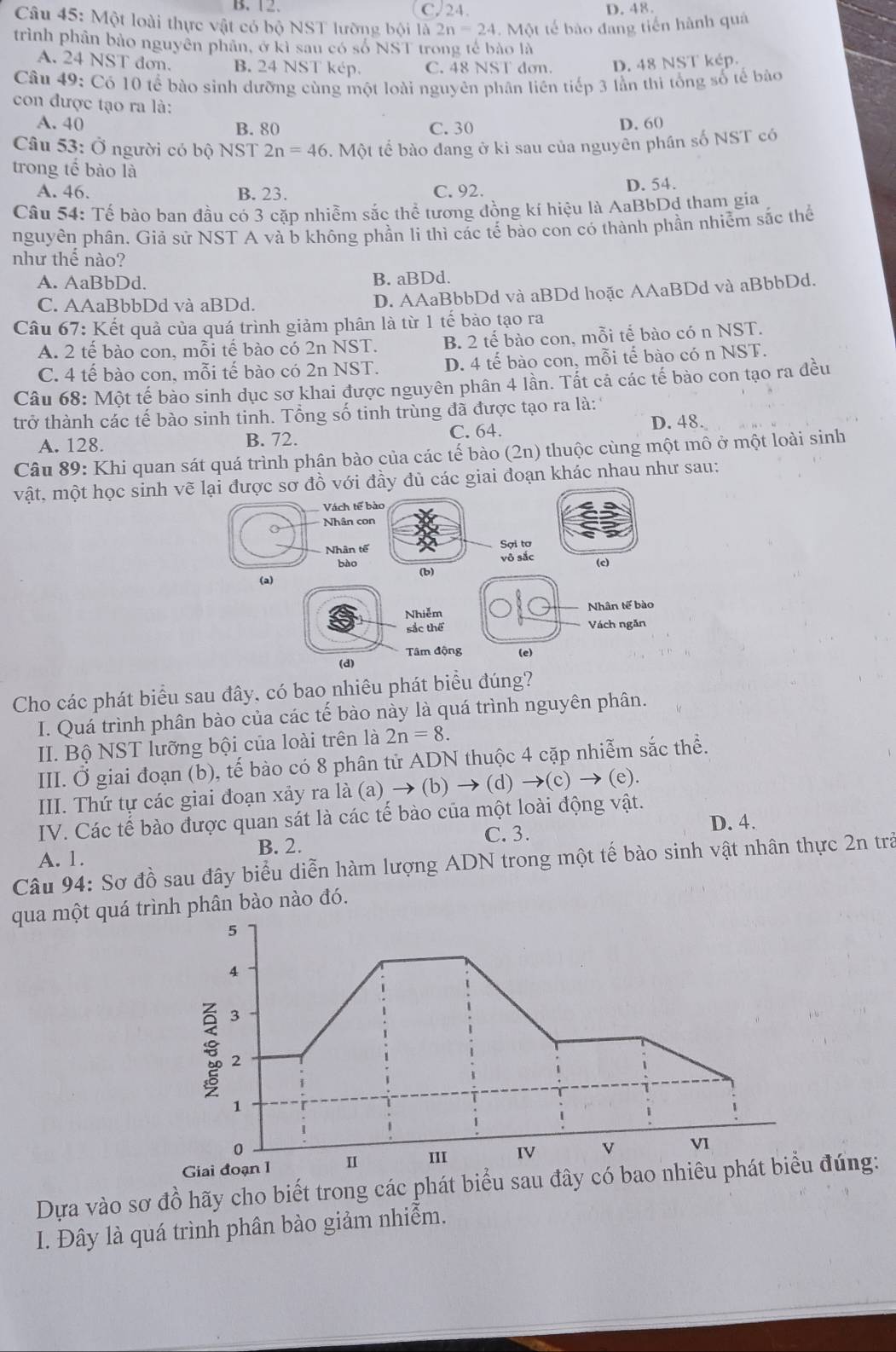 B. 12. C. 24. D. 48.
Câu 45: Một loài thực vật có bộ NST lưỡng bội là 2n=24. Một tế bào đang tiến hành quả
trình phân bảo nguyên phân, ở kì sau có số NST trong tế bào là
A. 24 NST dơn. B. 24 NST kép. C. 48 NST dơn. D. 48 NST kép.
Câu 49: Có 10 tế bào sinh dưỡng cùng một loài nguyên phân liên tiếp 3 lần thì tổng số tế bào
con được tạo ra là:
A. 40 B. 80 C. 30 D. 60
Câu 53: Ở người có bộ NST 2n=46 5. Một tể bào đang ở kì sau của nguyên phần số NST có
trong tế bào là
A. 46. B. 23. C. 92. D. 54.
Câu 54: Tế bào ban đầu có 3 cặp nhiễm sắc thể tương đồng kí hiệu là AaBbDd tham gia
nguyên phân. Giả sử NST A và b không phần li thì các tế bào con có thành phần nhiễm sắc thể
như thể nào?
A. AaBbDd. B. aBDd.
C. AAaBbbDd và aBDd. D. AAaBbbDd và aBDd hoặc AAaBDd và aBbbDd.
Câu 67: Kết quả của quá trình giảm phân là từ 1 tế bảo tạo ra
A. 2 tế bào con, mỗi tế bào có 2n NST. B. 2 tế bào con, mỗi tế bào có n NST.
C. 4 tế bào con, mỗi tế bào có 2n NST. D. 4 tế bào con, mỗi tế bào có n NST.
Câu 68: Một tế bào sinh dục sơ khai được nguyên phân 4 lần. Tất cả các tế bào con tạo ra đều
trở thành các tế bào sinh tinh. Tổng số tinh trùng đã được tạo ra là: ' D. 48.
A. 128. B. 72. C. 64.
Câu 89: Khi quan sát quá trình phân bào của các tế bào (2n) thuộc cùng một mô ở một loài sinh
vật, một học sinh vẽ lại được sơ đồ với đầy đủ các giai đoạn khác nhau như sau:
Vách tế bào
Nhân con
Nhân tế Sợi tơ
bào vô sắc (c)
(a) (b)
Nhiễm Nhân tế bào
sắc thể Vách ngăn
(d) Tâm động (e)
Cho các phát biểu sau đây, có bao nhiêu phát biểu đúng?
I. Quá trình phân bào của các tế bào này là quá trình nguyên phân.
II. Bộ NST lưỡng bội của loài trên là 2n=8.
III. Ở giai đoạn (b), tế bào có 8 phân tử ADN thuộc 4 cặp nhiễm sắc thể.
III. Thứ tự các giai đoạn xảy ra la(a)to (b)to (d)to (c)to (e).
IV. Các tế bào được quan sát là các tế bào của một loài động vật.
C. 3.
D. 4.
B. 2.
A. 1.
Câu 94: Sơ đồ sau đây biểu diễn hàm lượng ADN trong một tế bào sinh vật nhân thực 2n trả
qua một quá rình phân bào nào đó.
Dựa vào sơ đồ hãy cho biết trong các phát biđúng:
I. Đây là quá trình phân bào giảm nhiễm.