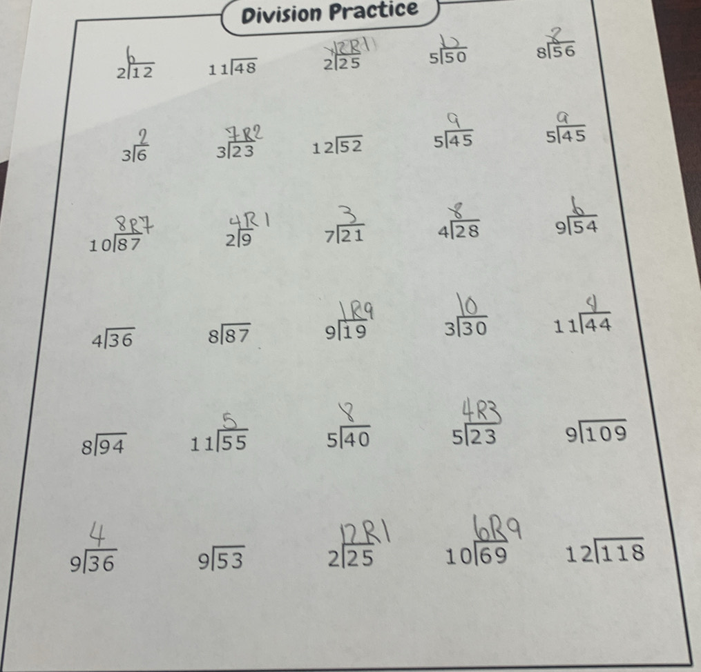 Division Practice
beginarrayr 2encloselongdiv 12endarray beginarrayr 11encloselongdiv 48endarray beginarrayr 2encloselongdiv 25endarray beginarrayr 5encloselongdiv 50endarray beginarrayr 8 8encloselongdiv 56endarray
316 beginarrayr +12 3encloselongdiv 23endarray beginarrayr 12encloselongdiv 52endarray beginarrayr 5encloselongdiv 45endarray beginarrayr 5encloselongdiv 45endarray
beginarrayr 10encloselongdiv 87endarray
beginarrayr 2encloselongdiv 9endarray beginarrayr 7encloselongdiv 21endarray beginarrayr 4encloselongdiv 28endarray beginarrayr 9encloselongdiv 54endarray
beginarrayr 4encloselongdiv 36endarray beginarrayr 8encloselongdiv 87endarray
beginarrayr 9encloselongdiv 19endarray
beginarrayr 3encloselongdiv 30endarray beginarrayr 11encloselongdiv 44endarray
beginarrayr 8encloselongdiv 94endarray beginarrayr 11encloselongdiv 55endarray
beginarrayr 5encloselongdiv 40endarray
beginarrayr 5encloselongdiv 23endarray beginarrayr 9encloselongdiv 109endarray
beginarrayr 9encloselongdiv 36endarray
beginarrayr 9encloselongdiv 53endarray
beginarrayr 2encloselongdiv 25endarray beginarrayr 10encloselongdiv 69end(array)° beginarrayr 12encloselongdiv 118endarray