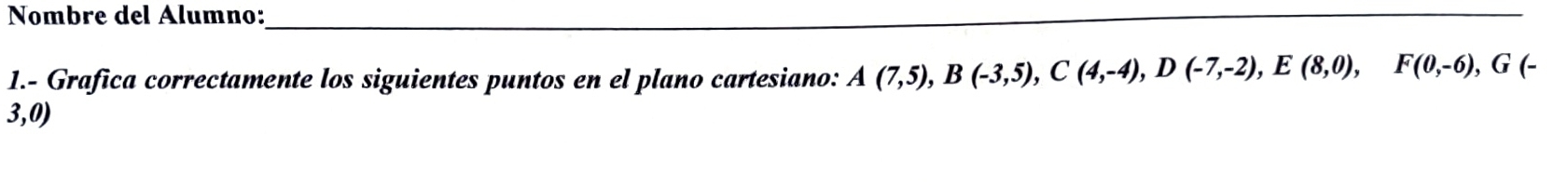 Nombre del Álumno: 
1.- Grafica correctamente los siguientes puntos en el plano cartesiano: A(7,5), B(-3,5), C(4,-4), D(-7,-2), E(8,0), F(0,-6), ,G (-
3,0)