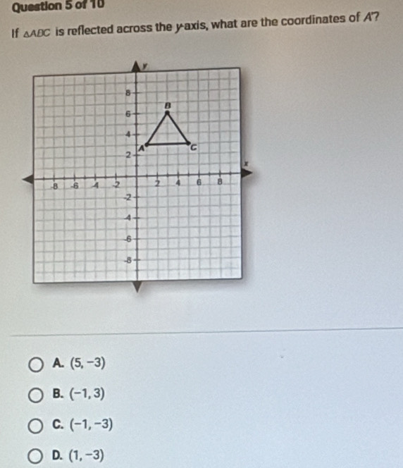 If △ ADC is reflected across the y-axis, what are the coordinates of A'?
A. (5,-3)
B. (-1,3)
C. (-1,-3)
D. (1,-3)