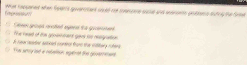 What happened when Sperts gouemment soud nnt gemsene soos and econgens gréens Suhng the tom
Depression
Cten grape rentes agere the gonemen
The head of the gouemment gave his resignation
A rera samdar aanzael candrcó frae the madary rbara
The army led a rebation aganst the gommment