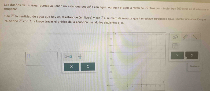 Los dueños de un área recreativa Ilenan un estanque pequeño con agua. Agregan el agua a razón de 25 litros por minuto. Hay 500 litros en el estanque al 
empezar. 
Sea W la cantidad de agua que hay en el estanque (en litros) y sea 7 el número de minutos que han estado agregando agua. Escribir una ecuación que 
relacione W con T, y luego trazar el gráfico de la ecuación usando los siguientes ejes.
□ =□  □ /□  
× 
×Deshacer