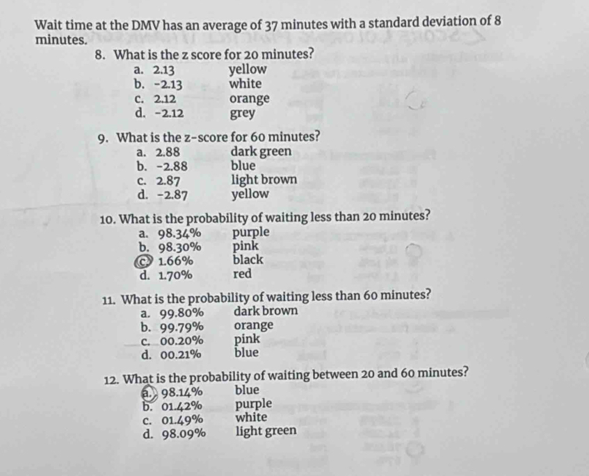 Wait time at the DMV has an average of 37 minutes with a standard deviation of 8
minutes.
8. What is the z score for 20 minutes?
a. 2.13 yellow
b. -2.13 white
C. 2.12 orange
d. -2.12 grey
9. What is the z-score for 60 minutes?
a. 2.88 dark green
b. -2.88 blue
c. 2.87 light brown
d. -2.87 yellow
10. What is the probability of waiting less than 20 minutes?
a. 98.34% purple
b. 98.30% pink
C 1.66% black
d. 1.70% red
11. What is the probability of waiting less than 60 minutes?
a. 99.80% dark brown
b. 99.79% orange
C. 00.20% pink
d. 00.21% blue
12. What is the probability of waiting between 20 and 60 minutes?
a. 98.14% blue
b. 01.42% purple
c. 01.49% white
d. 98.09% light green