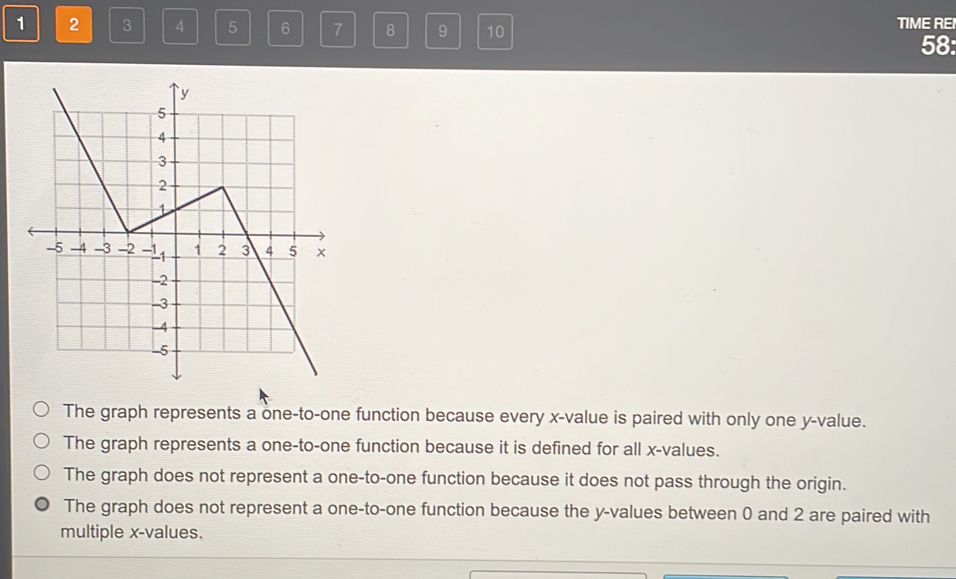 1 2 3 4 5 6 7 8 9 10 TIME REI
58:
The graph represents a one-to-one function because every x -value is paired with only one y -value.
The graph represents a one-to-one function because it is defined for all x -values.
The graph does not represent a one-to-one function because it does not pass through the origin.
The graph does not represent a one-to-one function because the y -values between 0 and 2 are paired with
multiple x -values.