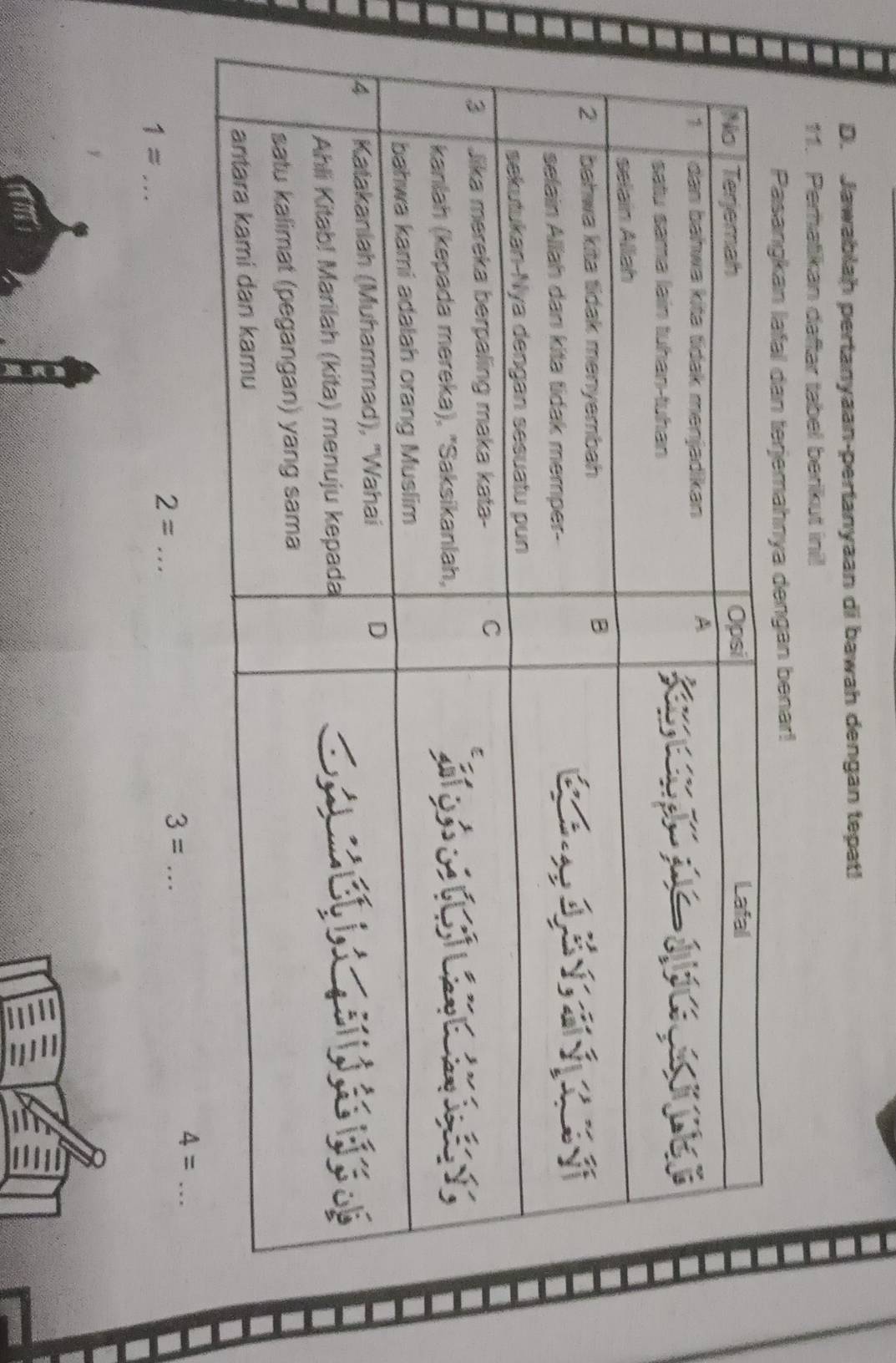 Jawablah pertanyaan-pertanyaan di bawah dengan tepat! 
11. Perhatikan daftar tabel berikut inil 
an benar!
4= _
1= _
2= _ 
_ 3=