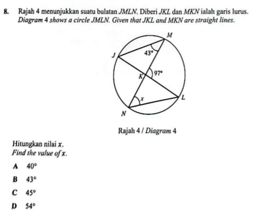 Rajah 4 menunjukkan suatu bulatan JMLN. Diberi JKL dan MKN ialah garis lurus.
Diagram 4 shows a circle JMLN. Given that JKL and MKN are straight lines.
Rajah 4 / Diagram 4
Hitungkan nilai x.
Find the value of x.
A 40°
B 43°
C 45°
D 54°