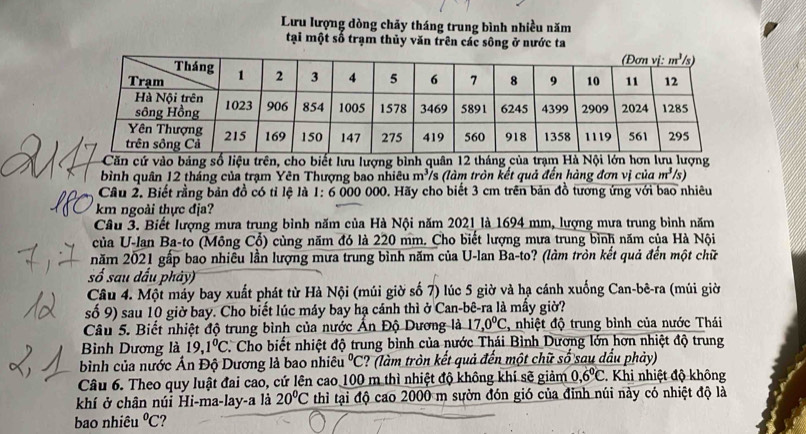 Lưu lượng dòng chảy tháng trung bình nhiều năm
tại một số trạm thủy văn trên các sông ở nước ta
Căn cứ vào bảng số liệu trên, cho biết lưu lượng bình quân 12 tháng của trạm Hà Nội lớn hơn lưu lượng
bình quân 12 tháng của trạm Yên Thượng bao nhiêu m^3 Vs (làm tròn kết quả đến hàng đơn vị của m^3 /s)
Câu 2. Biết rằng bản đồ có tỉ lệ là 1: 6 000 000. Hãy cho biết 3 cm trên bản đồ tương ứng với bao nhiêu
km ngoài thực địa?
Câu 3. Biết lượng mưa trung bình năm của Hà Nội năm 2021 là 1694 mm, lượng mưa trung bình năm
của U-lan Ba-to (Mông Cổ) cùng năm đó là 220 mm. Cho biết lượng mưa trung bình năm của Hà Nội
năm 2021 gấp bao nhiêu lần lượng mưa trung bình năm của U-lan Ba-to? (làm tròn kết quả đến một chữ
số sau dấu phảy)
Câu 4. Một máy bay xuất phát từ Hà Nội (múi giờ số 7) lúc 5 giờ và hạ cánh xuống Can-bê-ra (múi giờ
số 9) sau 10 giờ bay. Cho biết lúc máy bay hạ cánh thì ở Can-bê-ra là mẫy giờ?
Câu 5. Biết nhiệt độ trung bình của nước Ấn Độ Dương là _ 17,0°C , nhiệt độ trung bình của nước Thái
Bình Dương là 19,1°C C. Cho biết nhiệt độ trung bình của nước Thái Bình Dương lớn hơn nhiệt độ trung
bình của nước Ấn Độ Dương là bao nhiêu°C ? (làm tròn kết quả đến một chữ số sau dấu phảy)
Câu 6. Theo quy luật đai cao, cứ lên cao 100 m thì nhiệt độ không khi sẽ giảm 0,6°C.  Khi nhiệt độ không
khí ở chân núi Hi-ma-lay-a là 20°C thì tại độ cao 2000 m sườn đón gió của đỉnh núi này có nhiệt độ là
bao nhiêu°C ?