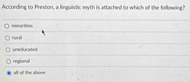 According to Preston, a linguistic myth is attached to which of the following?
minorities
rural
uneducated
regional
all of the above