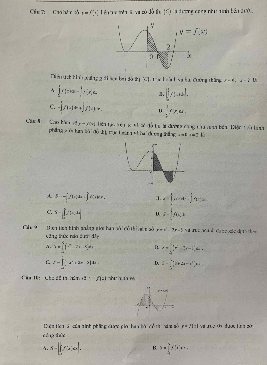 Cho hàm số y=f(x) liên tục trên R và có dhat o thị (C) là đường cong như hình bên dưới.
y=f(x)
Diện tích hình phẳng giới hạn bởi đồ thị (C), trục hoành và hai đường thắng x=0,x=2 là
A. ∈tlimits _0^(1f(x)dx-∈tlimits _1^2f(x)dx.
B. |∈tlimits _0^2f(x)dx|.
C. -∈tlimits _0^1f(x)dx+∈tlimits _1^2f(x)dx.
D. ∈tlimits _0^2f(x)dx.
Câu 8: Cho hàm số y=f(x) liên tục trên R và có đồ thị là đường cong như hình bên. Diện tích hình
phẳng giới hạn bởi đồ thị, trục hoành và hai đường thắng x=0,x=2 là
A. S=-∈tlimits _0^1f(x)dx+∈tlimits _1^2f(x)dx. B. S=∈tlimits _0^1f(x)dx-∈tlimits _1^2f(x)dx.
C. S=|∈tlimits _0^2f(x)dx|.
D. S=∈tlimits _0^2f(x)dx.
Câu 9: Diện tích hình phẳng giới hạn bởi đồ thị hàm số y=x^2)-2x-8 và trục hoành được xác định theo
công thức nào dưới đây
A. S=∈tlimits _0^(2(x^2)-2x-8)dx. S=∈tlimits _2^(4(x^2)-2x-8)dx.
B.
C. S=∈tlimits _(-4)^2(-x^2+2x+8)dx. S=∈tlimits _(-2)^4(8+2x-x^2)dx.
D.
Câu 10: Cho đồ thị hàm số y=f(x) như hình vẽ.
Diện tích S của hình phẳng được giới hạn bởi đồ thị hàm số y=f(x) và trục Ox được tính bởi
công thức
A. S=|∈tlimits _(-3)^3f(x)dx|. S=∈tlimits _(-3)^3f(x)dx.
B.