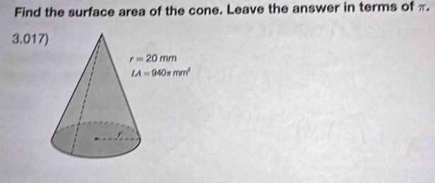 Find the surface area of the cone. Leave the answer in terms of π.
3.01