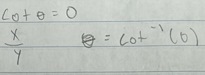 cot θ =0
 x/y 
θ =cot^(-1)(0)