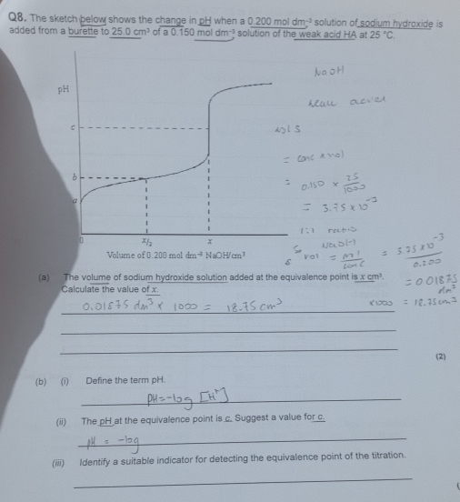 The sketch below shows the change in pH when a 0.200moldm^(-3) solution of sodium hydroxide is
added from a burette to 25.0cm^3 of a0.150moldm^(-3) solution of the weak acid HA at 25°C
1:1
(a) The volume of sodium hydroxide solution added at the equivalence point is x cm³.
Calculate the value of x.
_
_
_
(2)
(b) (i) Define the term pH.
_
(ii) The pH at the equivalence point is c. Suggest a value for c.
_
(iii) Identify a suitable indicator for detecting the equivalence point of the titration.
_