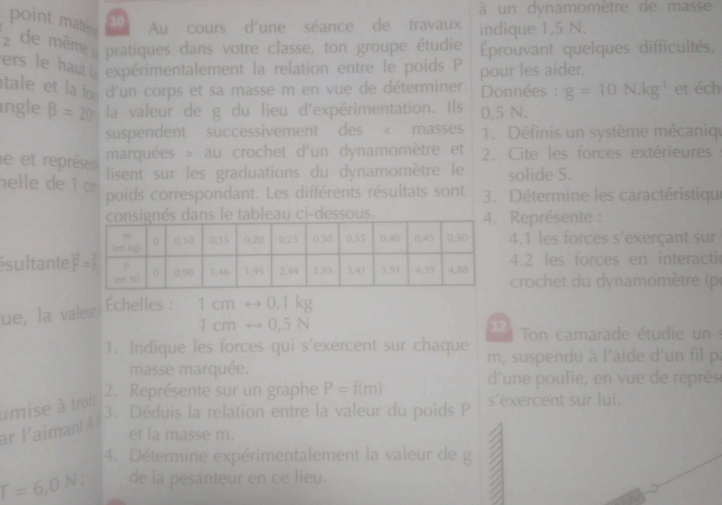 à un dynamomètre de masse
point matér 10 Au cours d'une séance de travaux indique 1,5 N.
2 de même pratiques dans votre classe, ton groupe étudie  Éprouvant quelques difficultés,
ers le haut expérimentalement la relation entre le poids P pour les aider.
tale et la for d'un corps et sa masse m en vue de déterminer  Données  : g=10N.kg^(-1) et éch
ngle beta =20° la valeur de g du lieu d'expérimentation. Ils 0,5 N.
suspendent successivement des « masses  1. Définis un système mécaniqe
le et représent
marquées » au crochet d'un dynamomètre et 2. Cite les forces extérieures
lisent sur les graduations du dynamomètre le solide S.
elle de 1 cm
poids correspondant. Les différents résultats sont 3. Détermine les caractéristiqu
ns le tableau ci-dessous.
Représente :
4.1 les forces s'exerçant sur
ésultante 4.2 les forces en interactic
crochet du dynamomètre (p
ue, la valeur Échelles :
1cmrightarrow 0,1kg
1cmrightarrow 0,5N
12  Ton camarade étudie un :
1. Indique les forces qui s'exercent sur chaque
m, suspendu à l'aide d'un fil p
masse marquée.
2. Représente sur un graphe P=f(m)
d'une poulie, en vue de représe
umise à trois
3. Déduis la relation entre la valeur du poids P s'exercent sur lui.
ar l'aimant et la masse m.
4. Détermine expérimentalement la valeur de g
□ =6,0N; de la pesanteur en ce lieu.