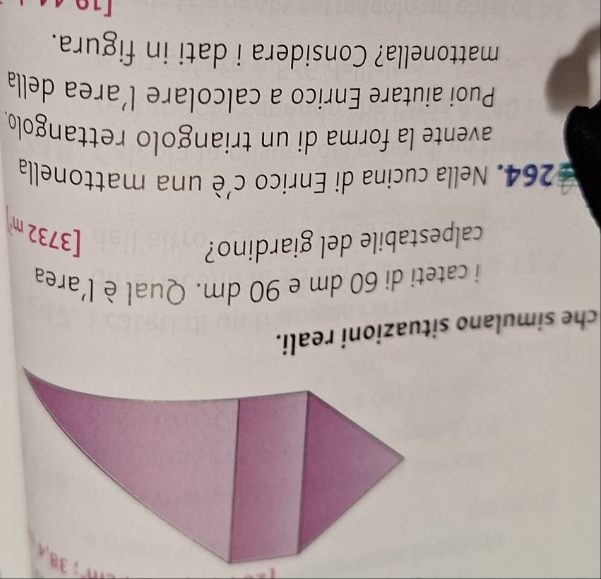 38,4 
che simulano situazioni reali 
i cateti di 60 dm e 90 dm. Qual è l’area 
calpestabile del giardino?
[3732m^2]
264. Nella cucina di Enrico c'è una mattonella 
avente la forma di un triangolo rettangolo. 
Puoi aiutare Enrico a calcolare l’area della 
mattonella? Considera i dati in figura.