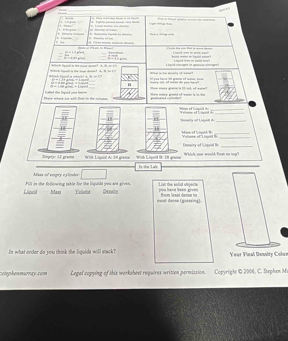 Name_
Unit 2:3
_
1. Solíd A. Only solid that floats in its liquid. True or False? If false, correct the statement.
2. 1.0 g/mL Light things float
3. Gases C. Loose atoms; low density.
4. 0.92 g/mL D. Density of water.
5. Density Column E. Separates liquids by density. Heavy things sink
6. Liquids F. Density of ice
7. Ice G. Close atoms; medium density.
Sinks or Floats in Water? Circle the one that is more dense.
_
Styrofoam Liquid wax or solid wax?
A rock
_ D=0.85g/mL g/mL Solid water or liquid water?
Liquid iron or solid iron?
Which liquid is the most dense? A, B, or C? Liquid nitrogen or gaseous nitrogen?
Which liquid is the least dense? A, B orC? What is the density of water?
Which liquid is which? A B,orC? If you have 30 grams of water, how
_ D=1.35g/mL=Liquid
D=0.86 g mL=Liquid _
B
D=1.00 C /mL=Liquid How many grams is 23 mL of water?
Label the liquid you know. How many grams of water is in the
Draw where ice will float in the column. graduated cylinder?
Mass of Liquid A:_
Volume of Liquid A:_
Density of Liquid A:_
10
Mass of Liquid B:_
Volume of Liquid B:_
Density of Liquid B:_
Which one would float on top?
Empty: 12 grams With Liquid A:24 grams With Liquid B: 28 grams
In the Lab
Mass of empty cylinder:
Fill in the following table for the liquids you are given. List the solid objects
Liquid Mass Volume Density you have been given
from least dense to
most dense (guessing).
In what order do you think the liquids will stack?
Your Final Density Colun
cstephenmurray.com Legal copying of this worksheet requires written permission. Copyright © 2006, C. Stephen Mv