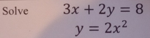 Solve 3x+2y=8
y=2x^2