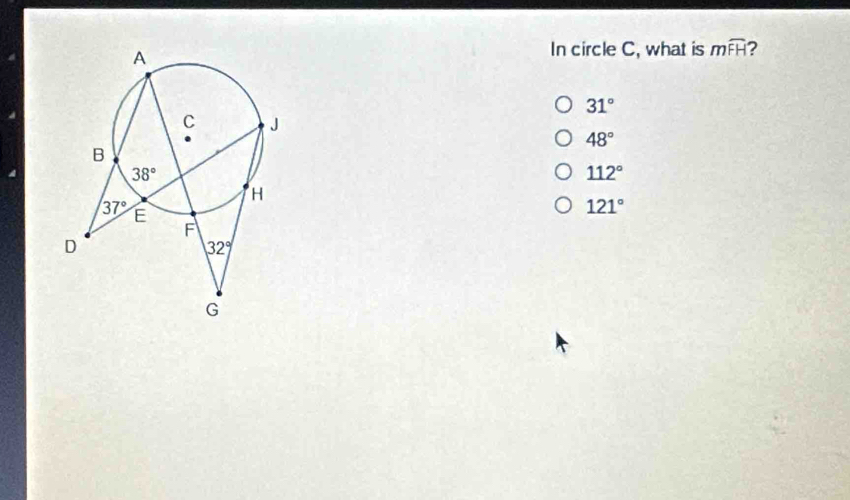 In circle C, what is mwidehat FH 2
31°
48°
112°
121°