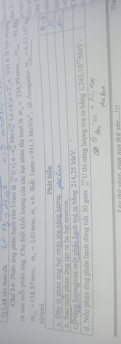 713,48 tấn than đá. làm tròn
Câu 14: Phản ứng phân hạch của Urani là _(92)^(235)U+_0^(1nto _(42)^(95)Mo+_(57)^(139)La+k_0^1n+7_(-1)^0 e. Với k là hạt neutro
ra sau mỗi phản ứng. Cho biết khối lượng của các hạt nhân lần lượt là m_u)=234,99amu,,m_Mo=94,88a Câu 2:
,
m_La=138,87amu,m_n=1,01amu,m_eapprox 0. Biết 1amu=931,5MeV/c^2 , số Avogadro N_A=6,02.10^(23)ng m khí dấu p
3
â
a
h
L ửa thử vàng, gian nan thử sức...!!! Tra