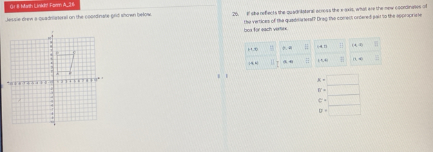 Gr 8 Math LinkIt! Form A_26
Jessie drew a quadrilateral on the coordinate grid shown below. 26. If she reflects the quadrilateral across the x-axis, what are the new coordinates of
the vertices of the quadrilateral? Drag the correct ordered pair to the appropriate
box for each vertex.
A=□
B'=
C'= □
D'= □